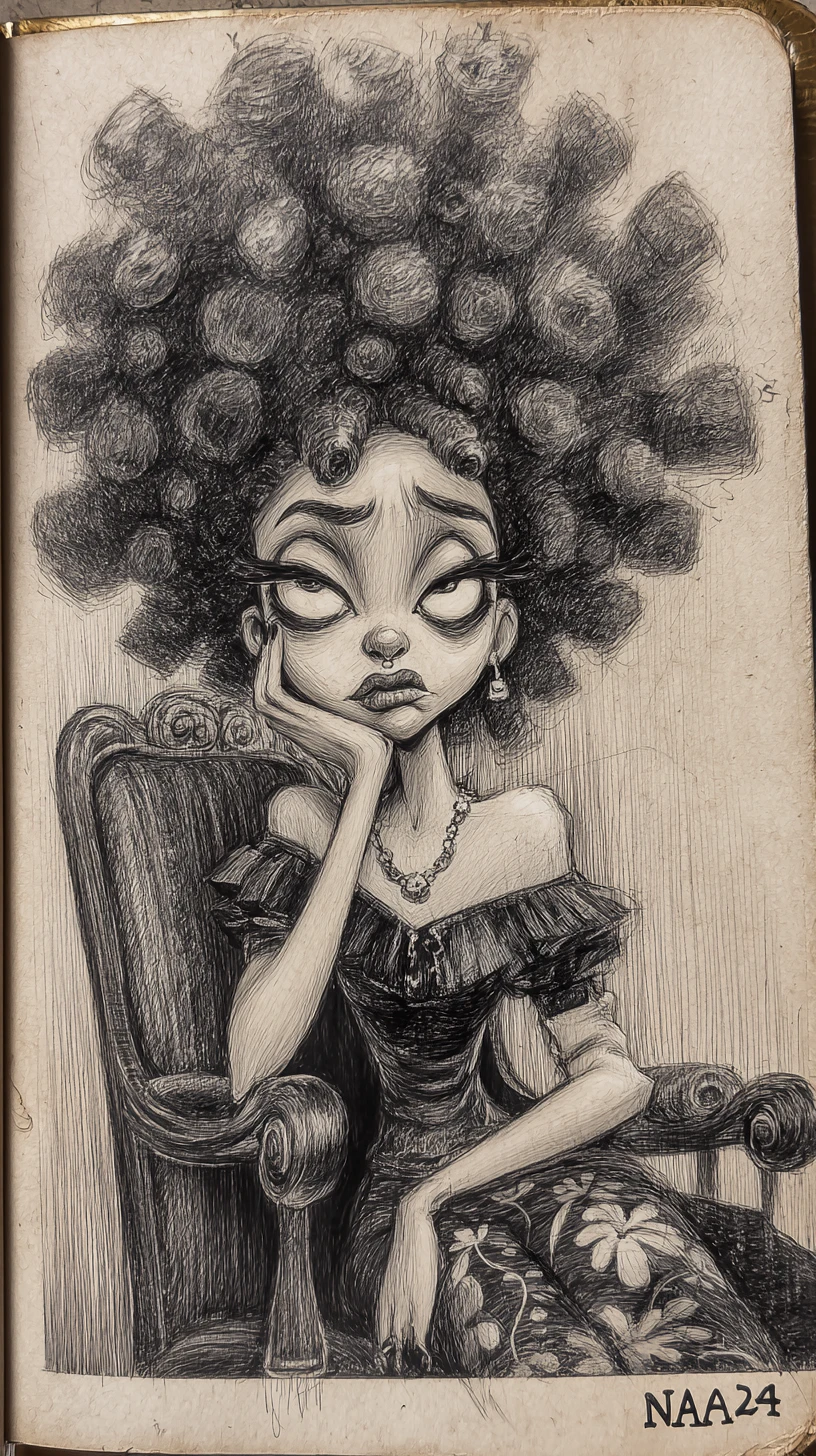 Charcoal caricature portrait of a woman with giant afro