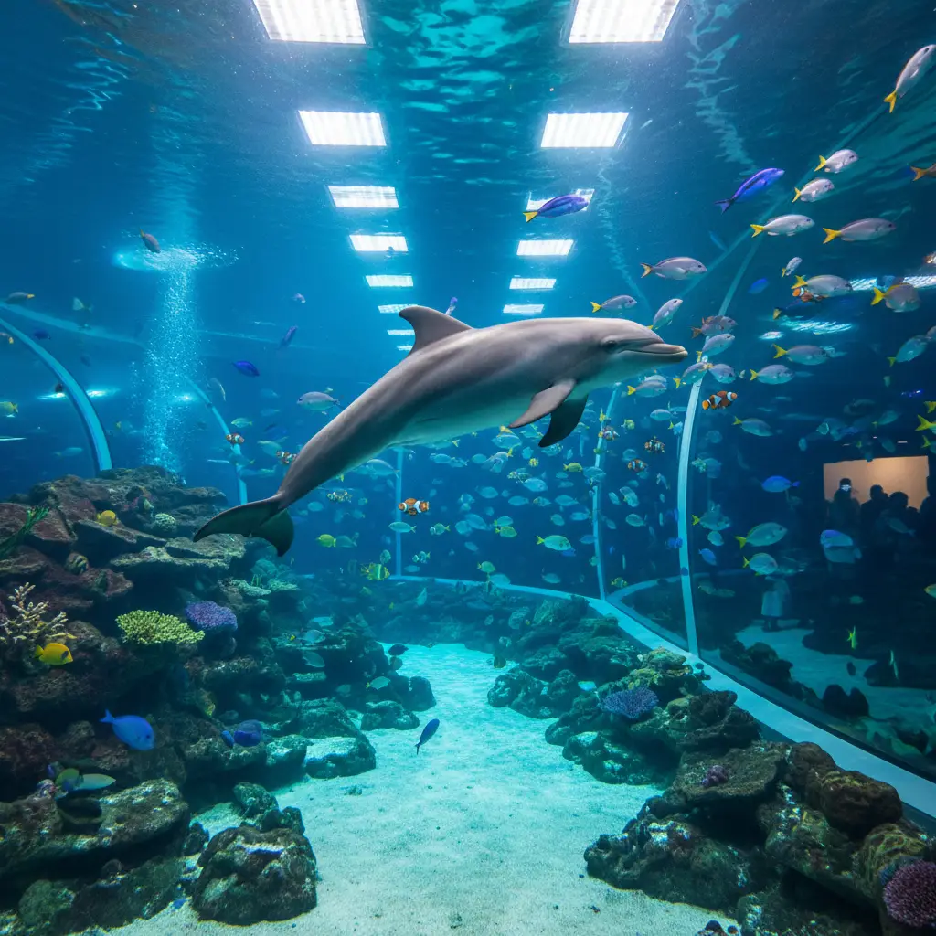 Dolphin Gliding Through Clear Aquarium Water With Colorful Fish