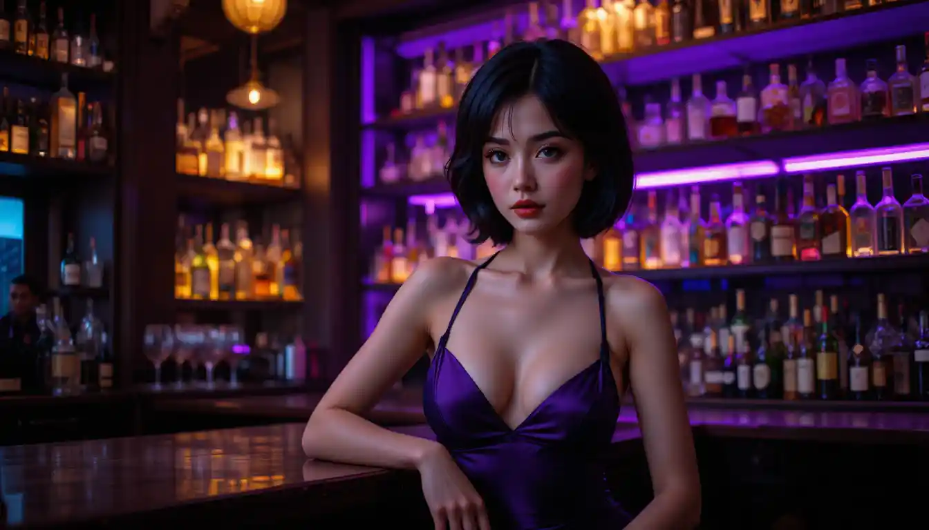 Elegant woman at a moody purple lit bar counter