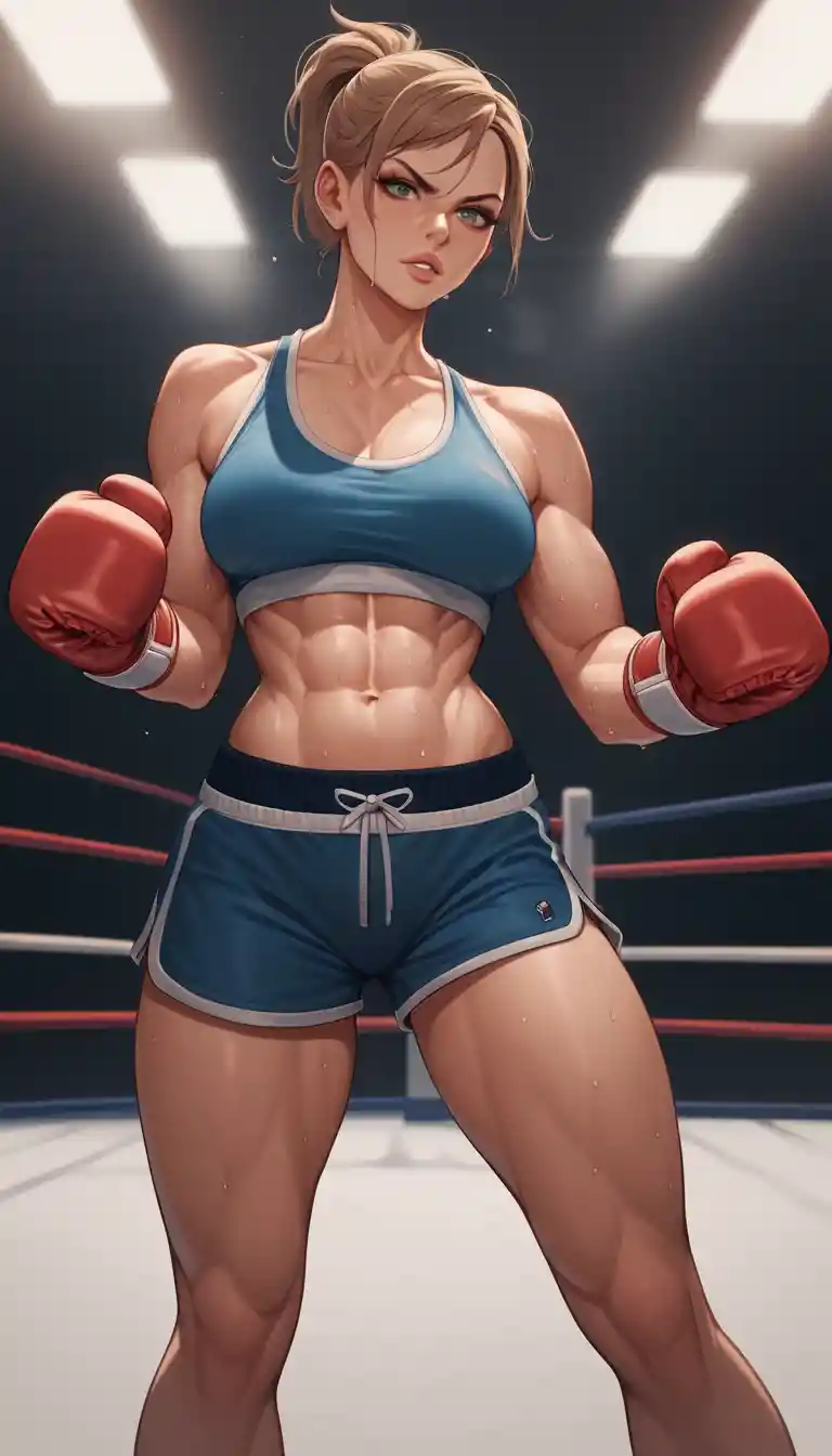 Confident female boxer in shorts and gloves after training