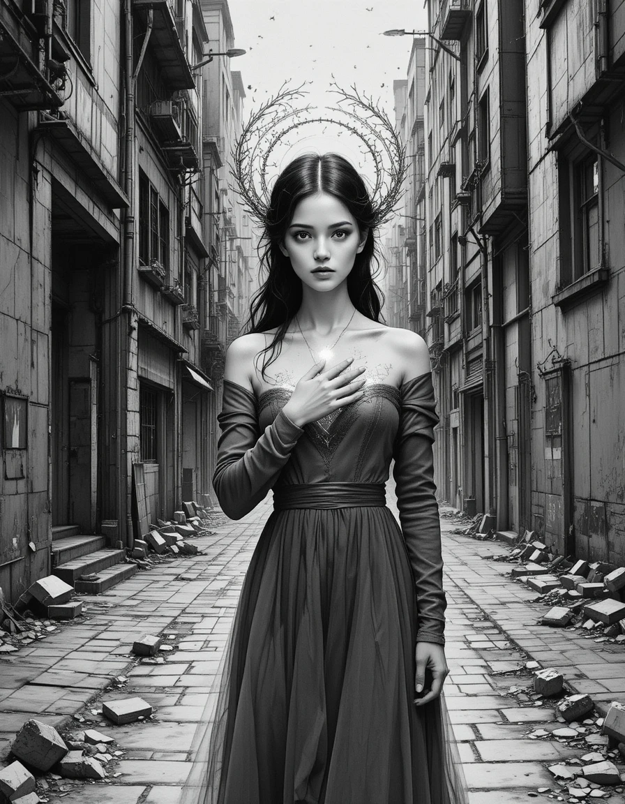 Young woman in a desolate graphite city labyrinth
