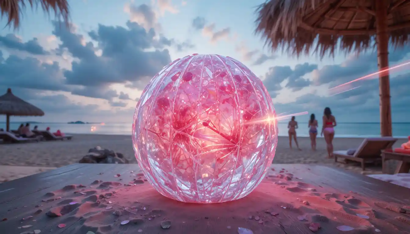 Glowing ice fruit centerpiece at a tranquil beach bar