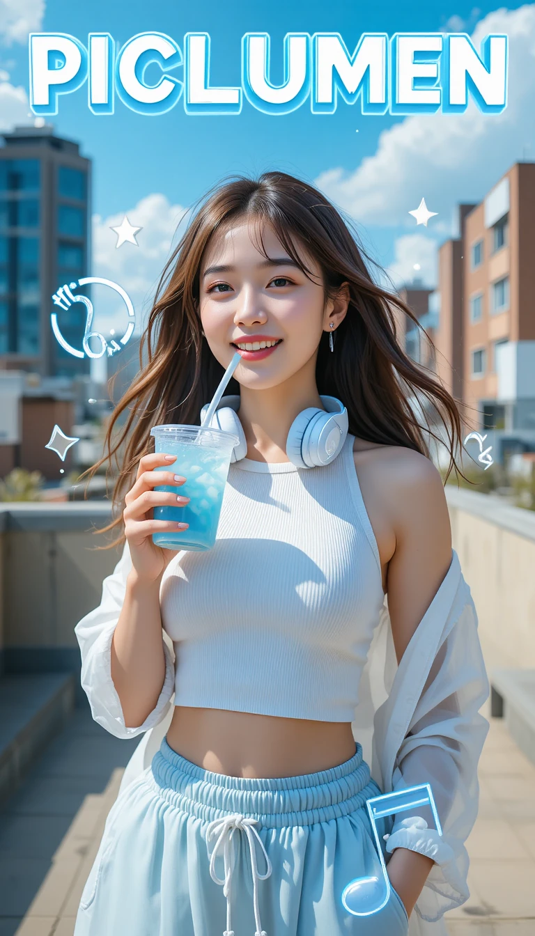 Smiling young woman with drink on sunny urban rooftop