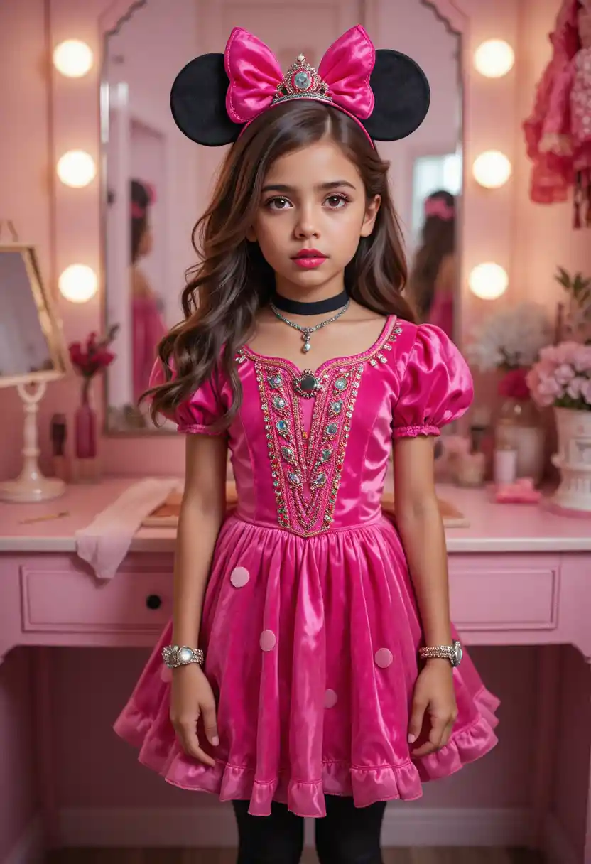 Nervous tween in princess costume at pink vanity