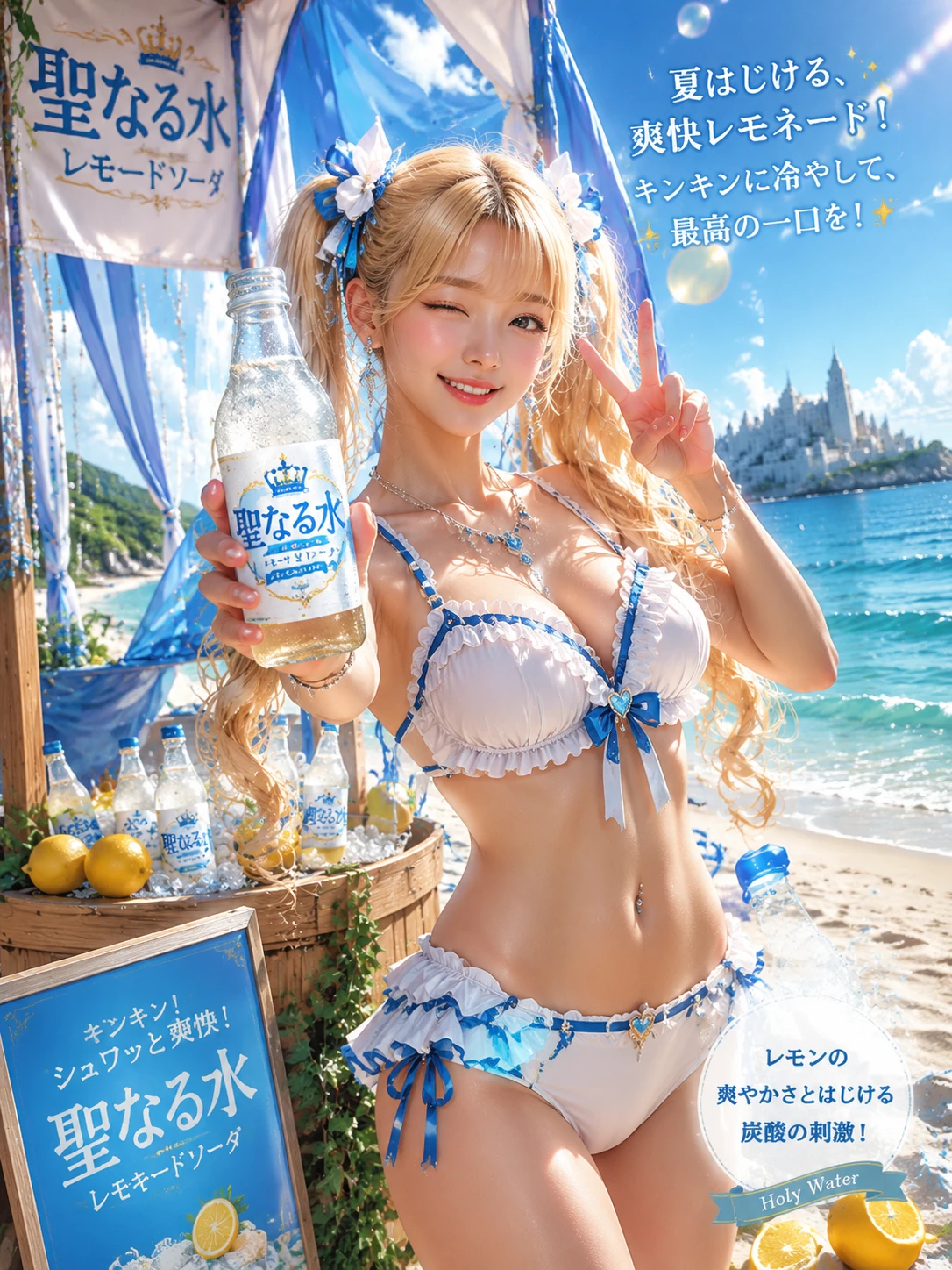 Korean blonde beach model presenting sparkling lemonade soda