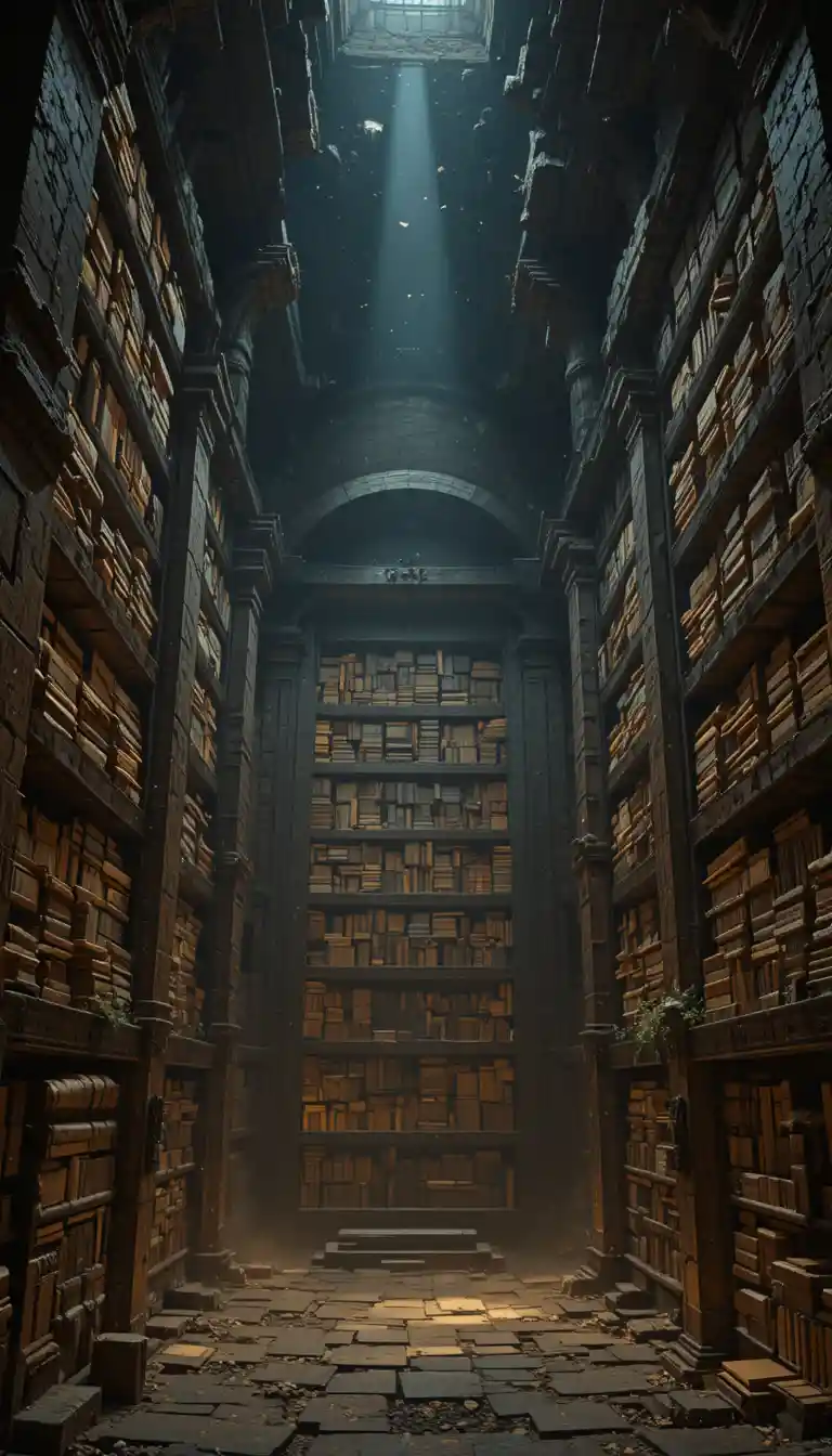 Ancient Egyptian library glowing with mystical torchlit dust