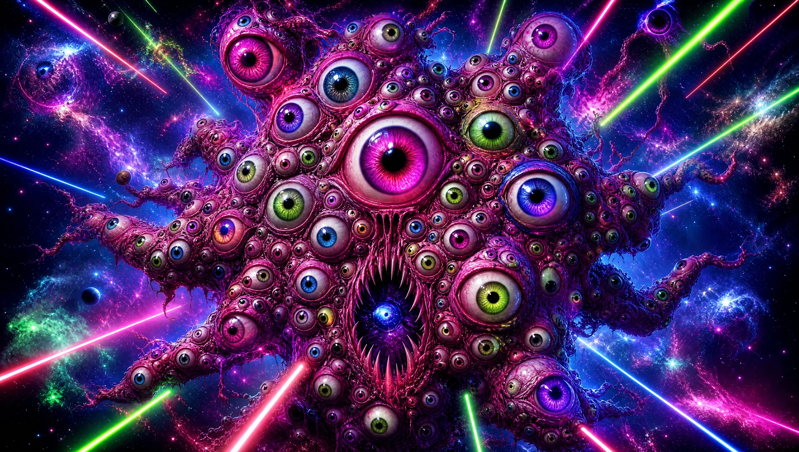 Surreal multi colored eyeball monster floating across a galaxy
