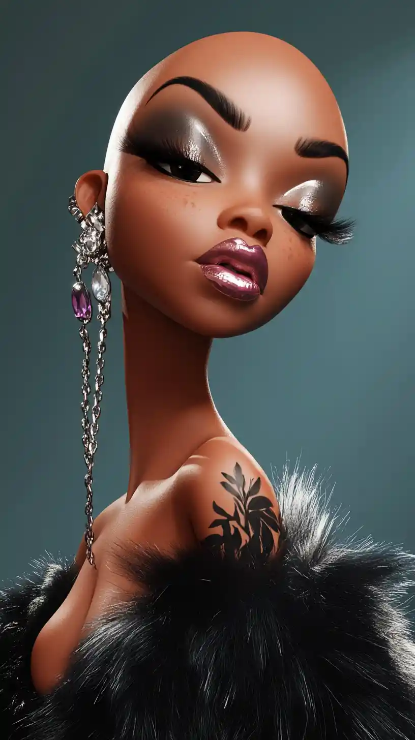 Glamorous bald woman in stylized 3D portrait profile