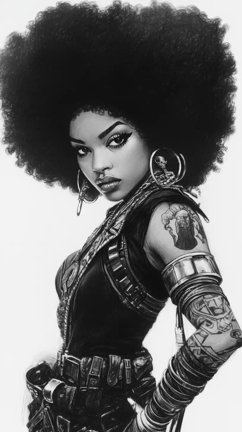 Caricature warrior woman with massive afro charcoal portrait