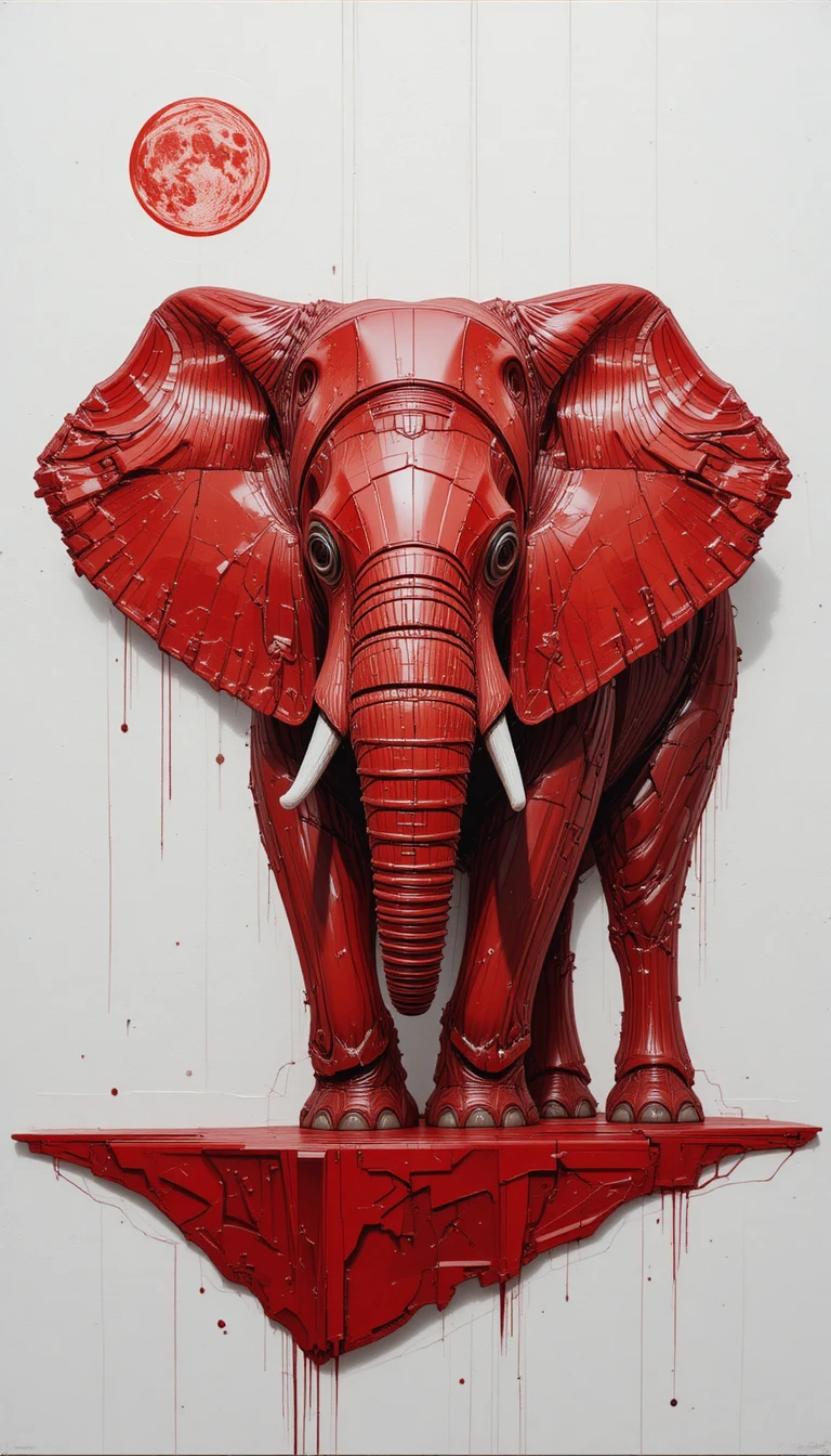 Abstract red elephant emerging from bold impasto geometry