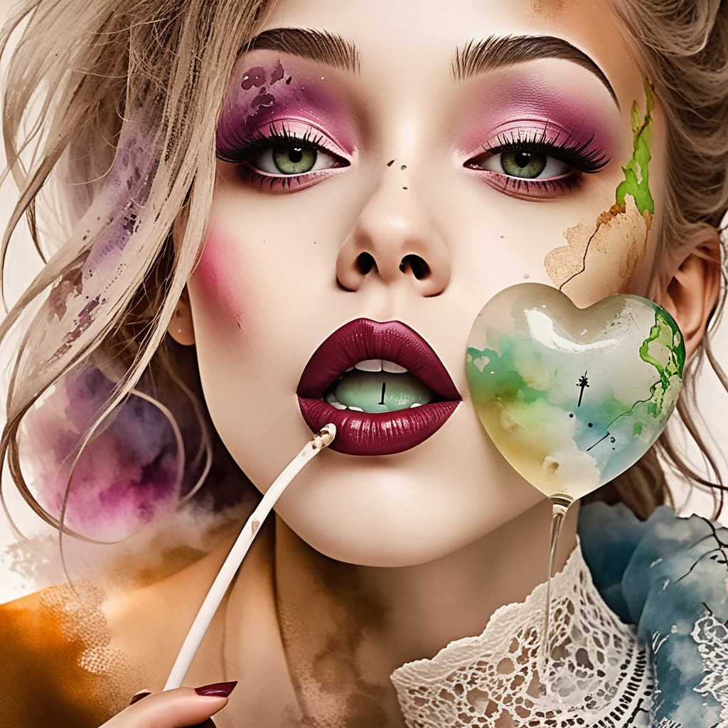 Whimsical girl blowing a pink glass heart kiss