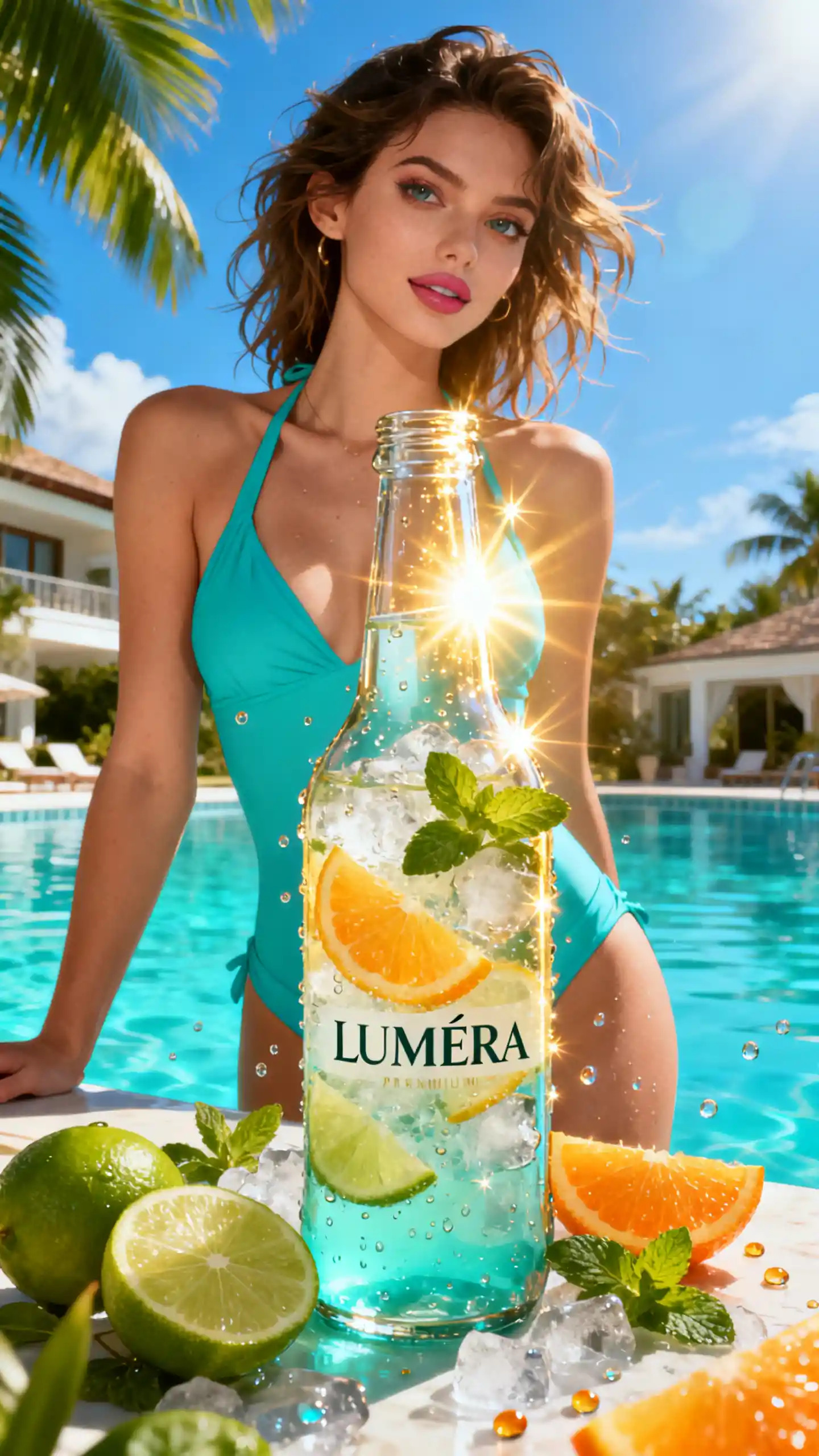 Woman by pool with premium citrus summer beverage