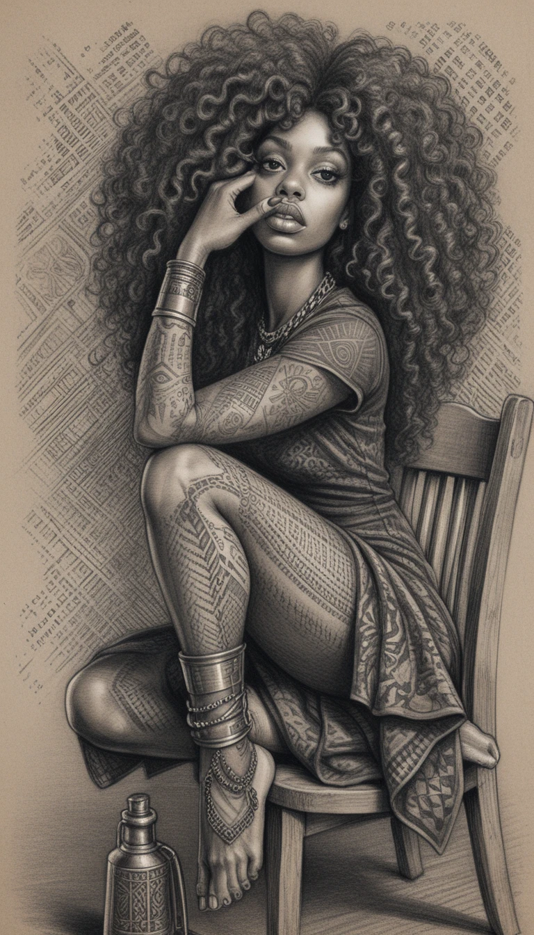 Caricature woman with afro hair and tattooed arm in charcoal