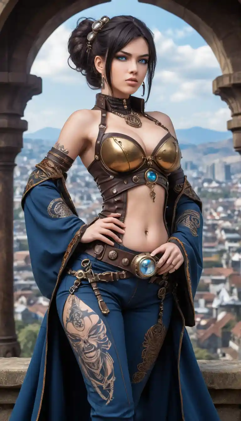 Anime steampunk warrior woman with blue eyes and tattoos