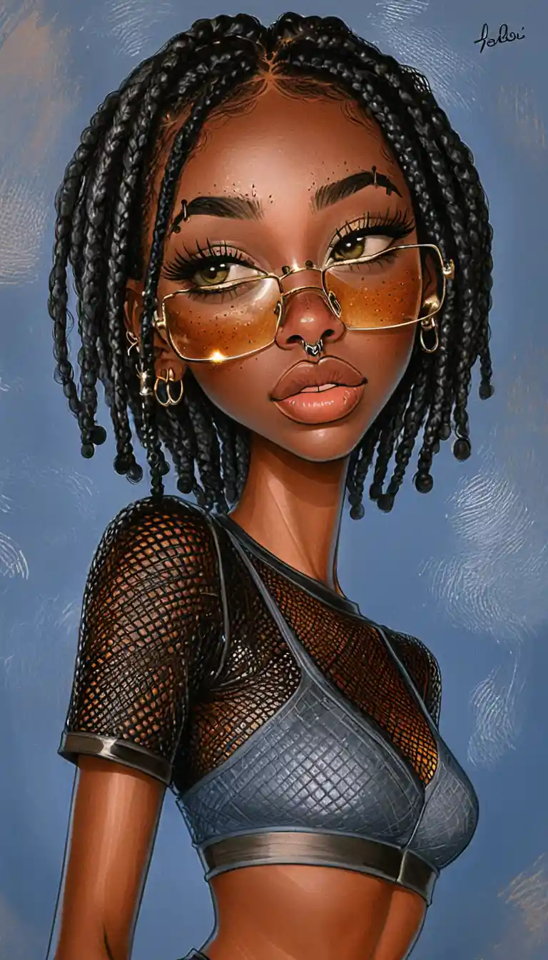 Stylized portrait of a black girl with braids and piercings