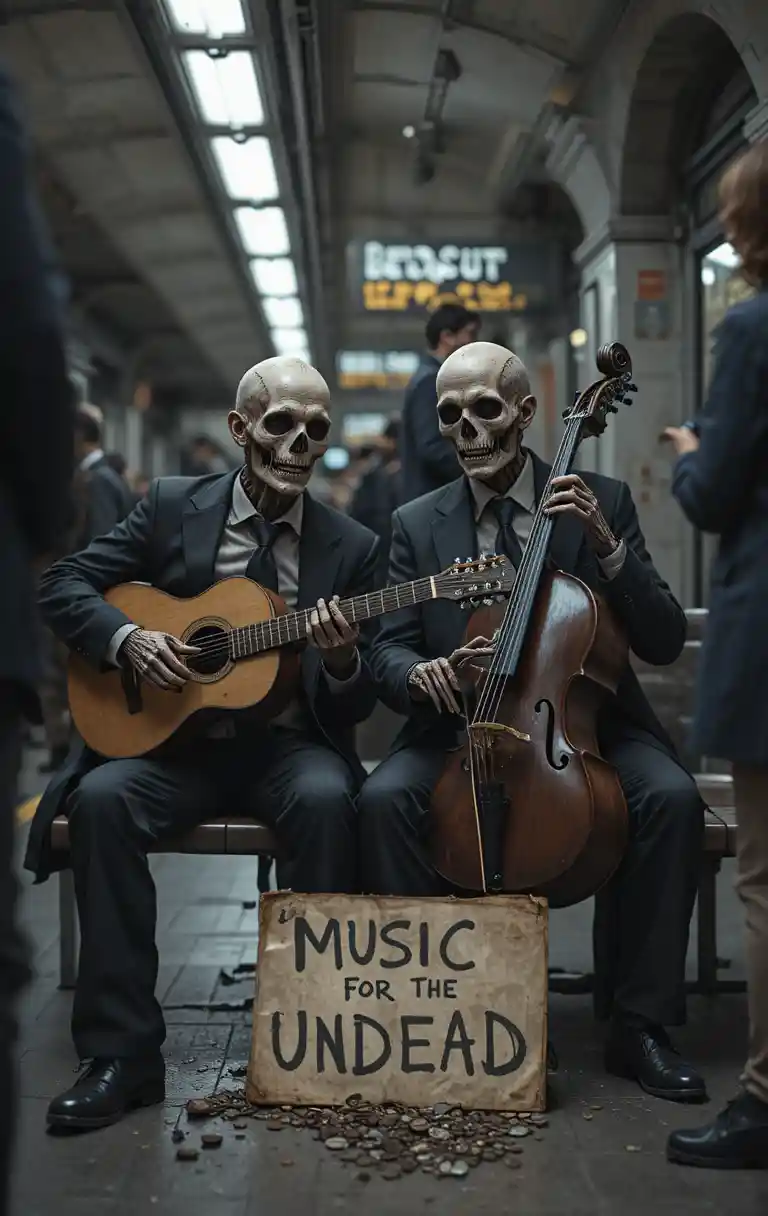 Undead skeleton musicians performing in a dim subway station