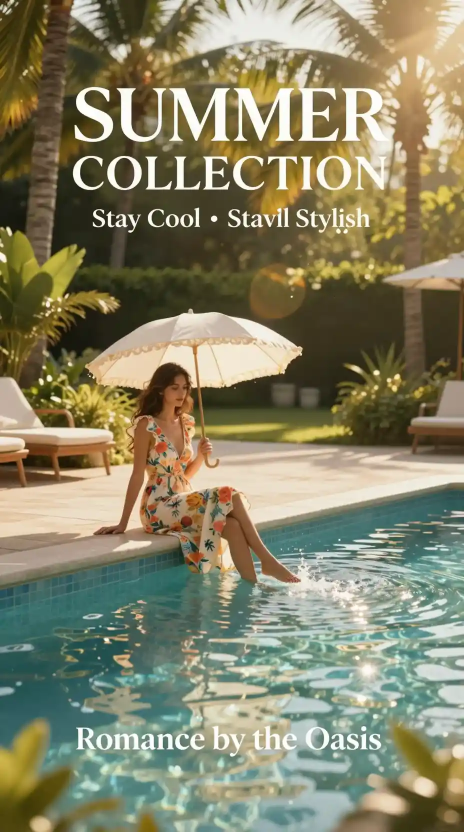 Elegant woman by a sunlit poolside oasis with parasol
