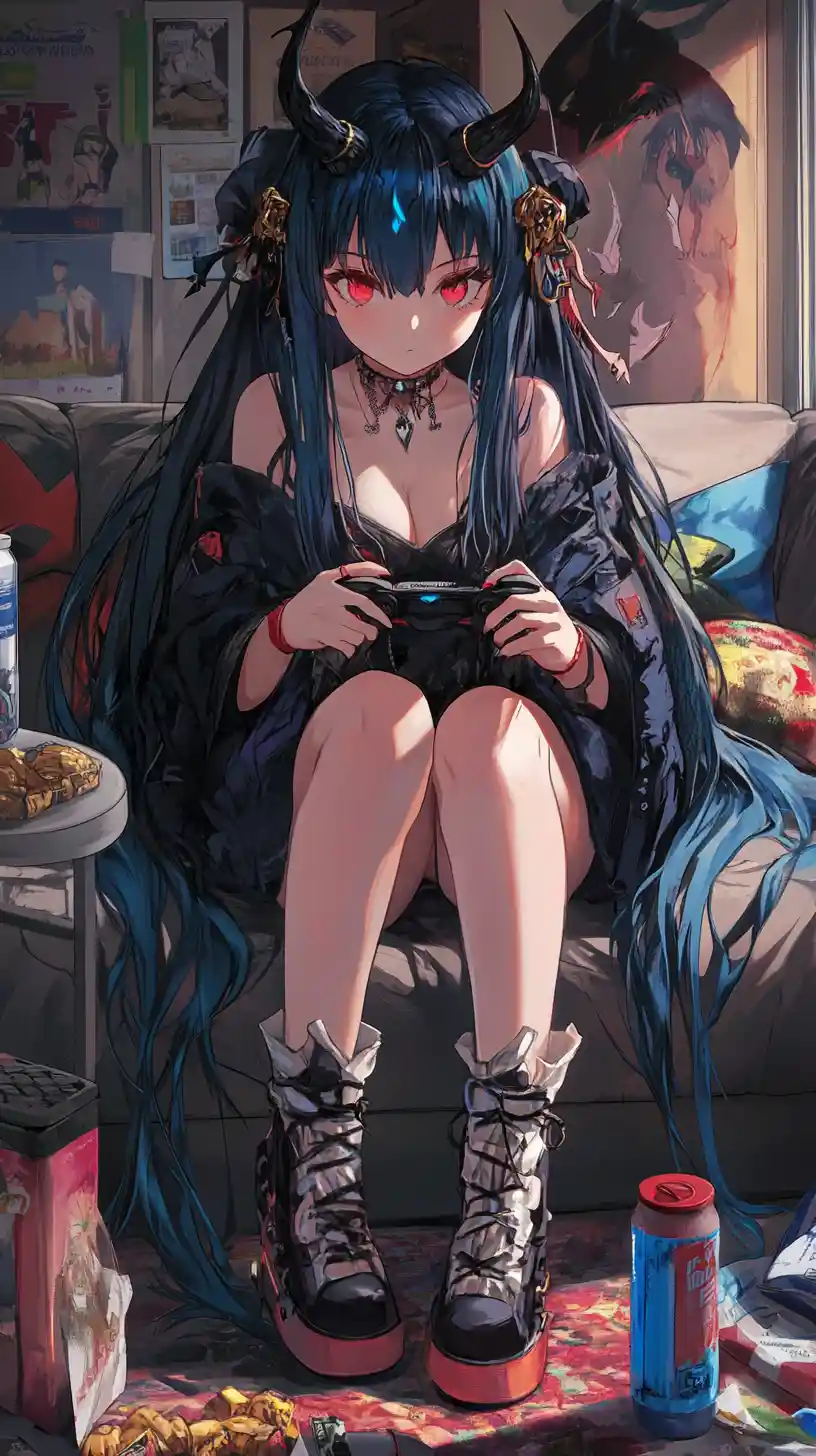 Anime girl gaming on a couch with snacks and drinks