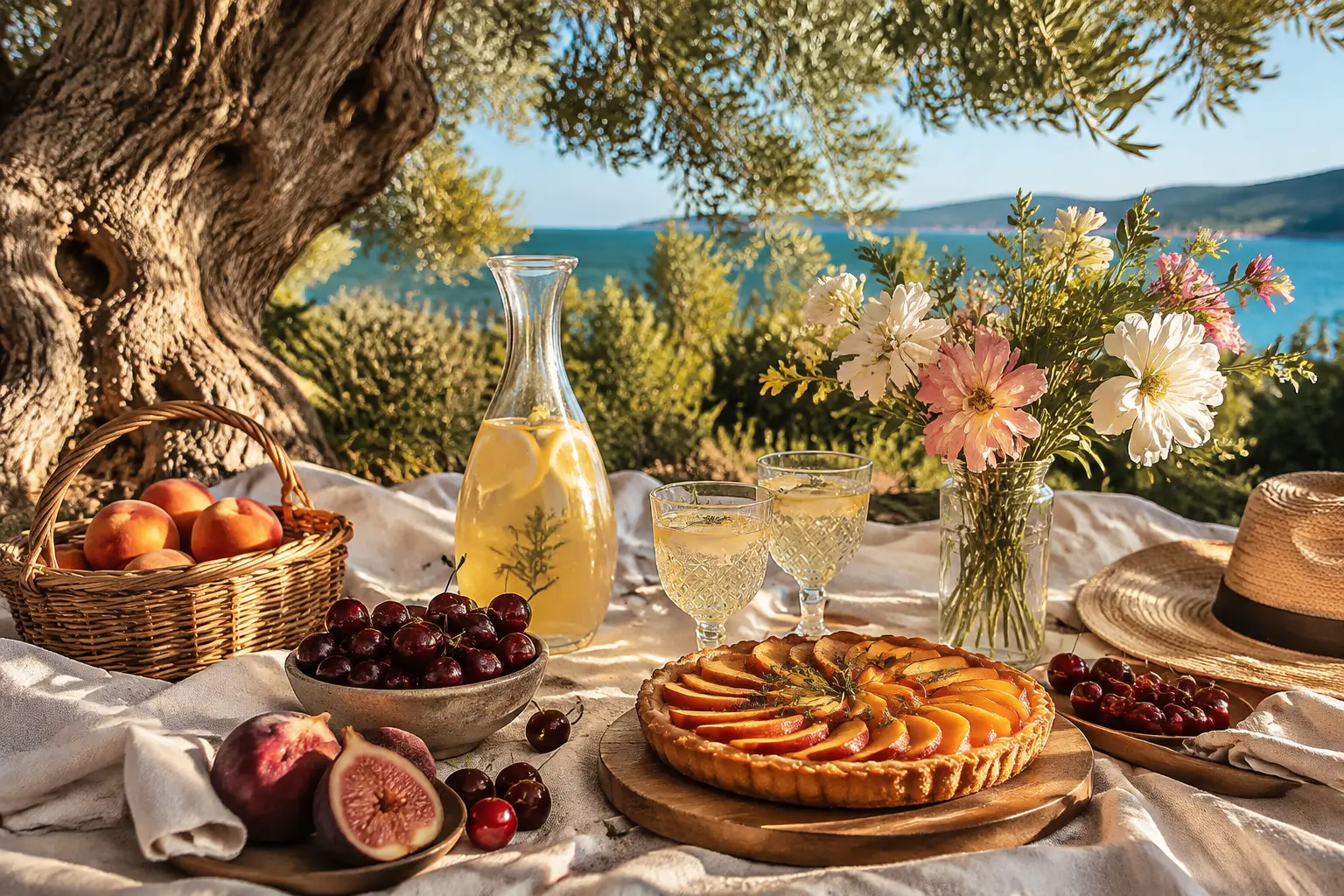 Summer picnic under an olive tree with dessert spread