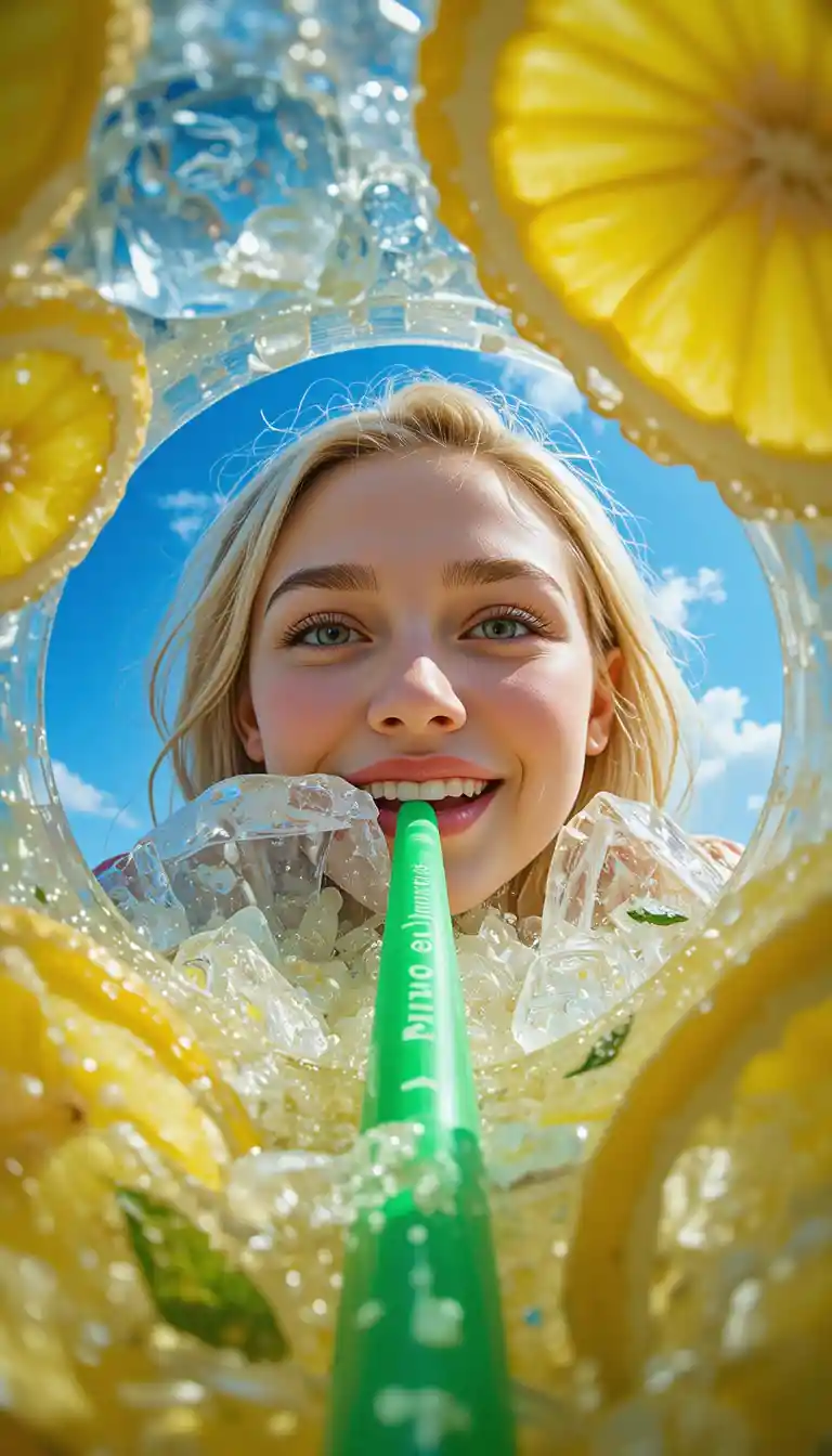 Worms eye view up through lemonade cup to smiling woman