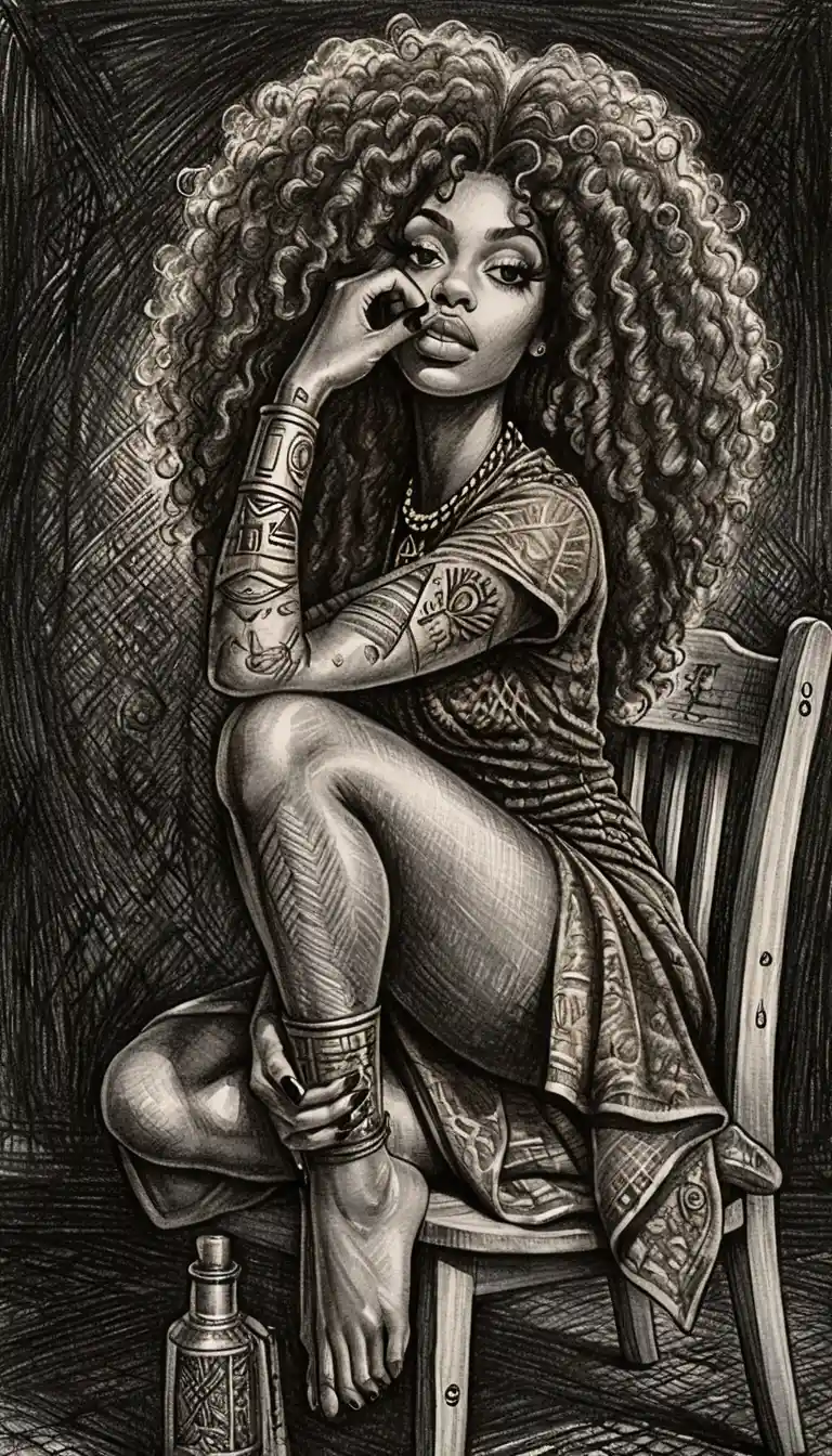 Caricature woman with huge afro and egyptian tattoos