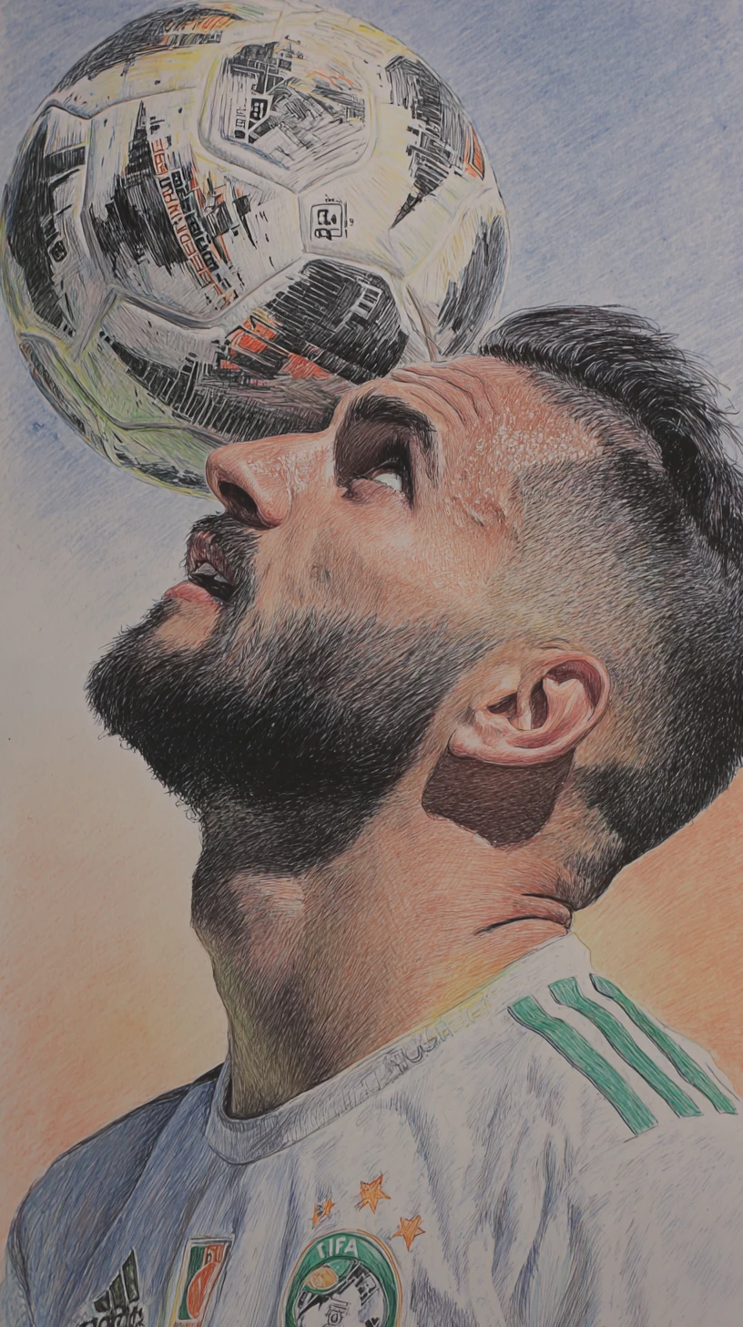 Colored pencil portrait of an Algerian soccer player with ball