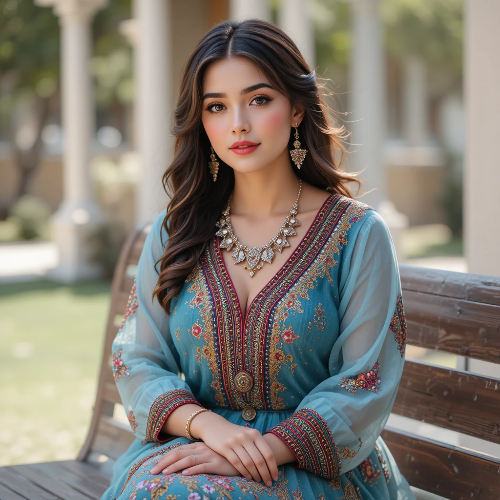 Woman in middle eastern dress sitting calmly on a bench