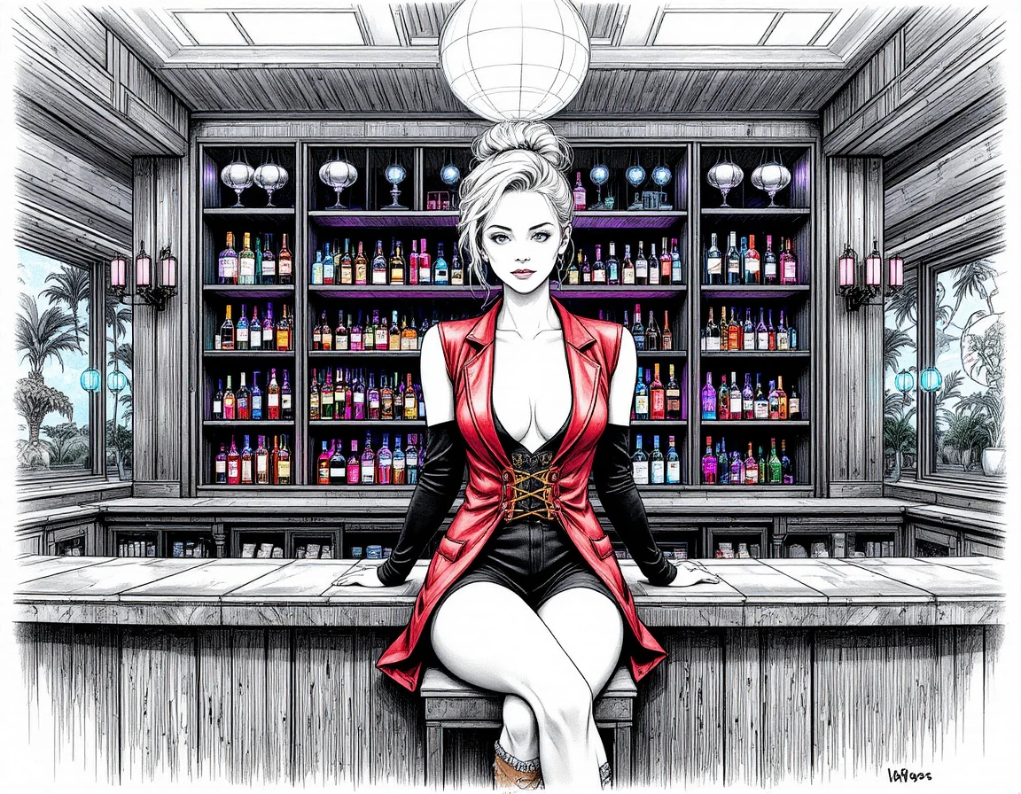 Elegant woman posing on a dark wooden bar counter
