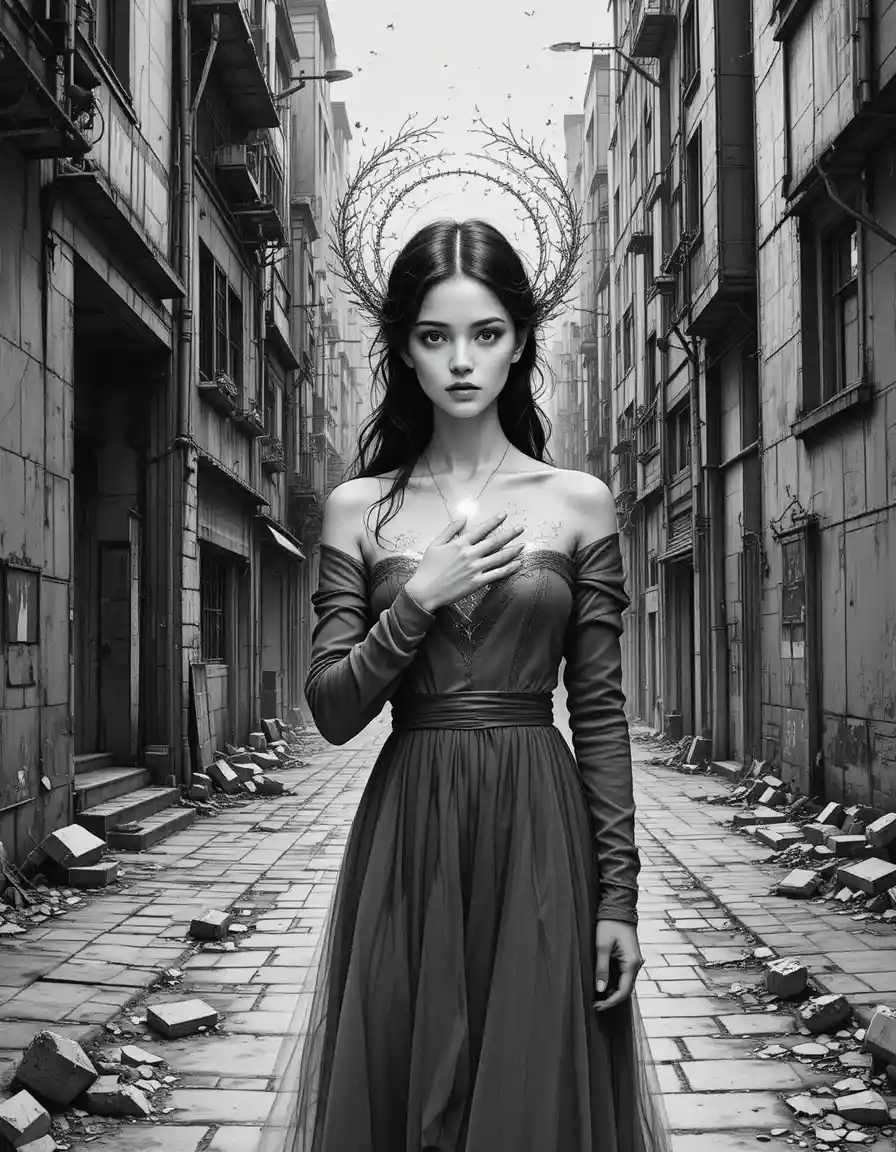 Young woman in a desolate graphite city labyrinth