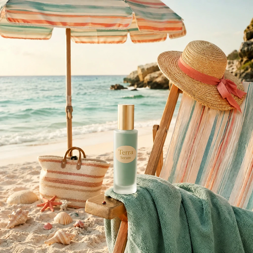 Minimal cosmetic bottle with beige oval label reading Terra Serum