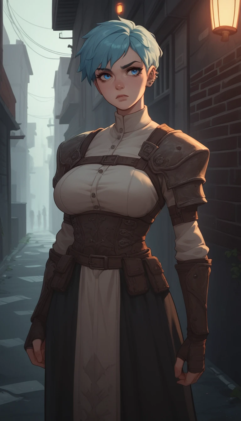 Anime warrior woman in a misty lantern lit alley