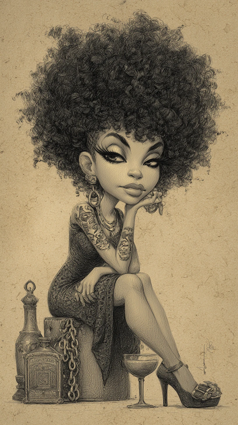 Charcoal caricature of a woman with a dramatic curly afro