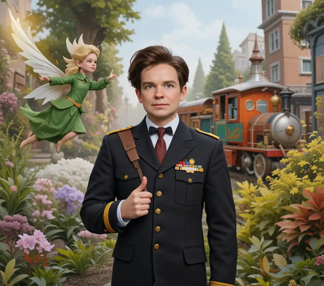 Young male train conductor in a magical fantasy garden