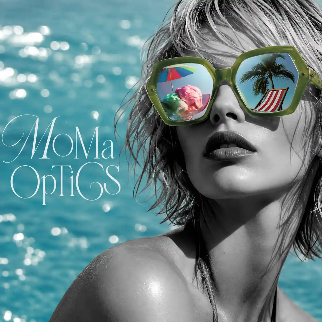 Blonde woman in lime hexagonal sunglasses by the sea