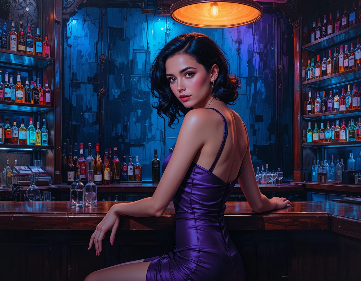 Elegant woman at a dimly lit bar counter portrait