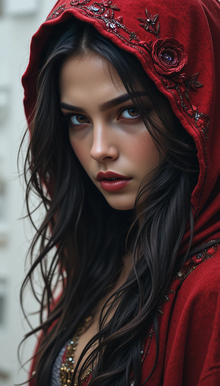 Dark haired woman in red hooded cape close up portrait