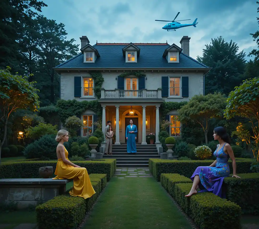 Classical dark house with lush garden at golden hour