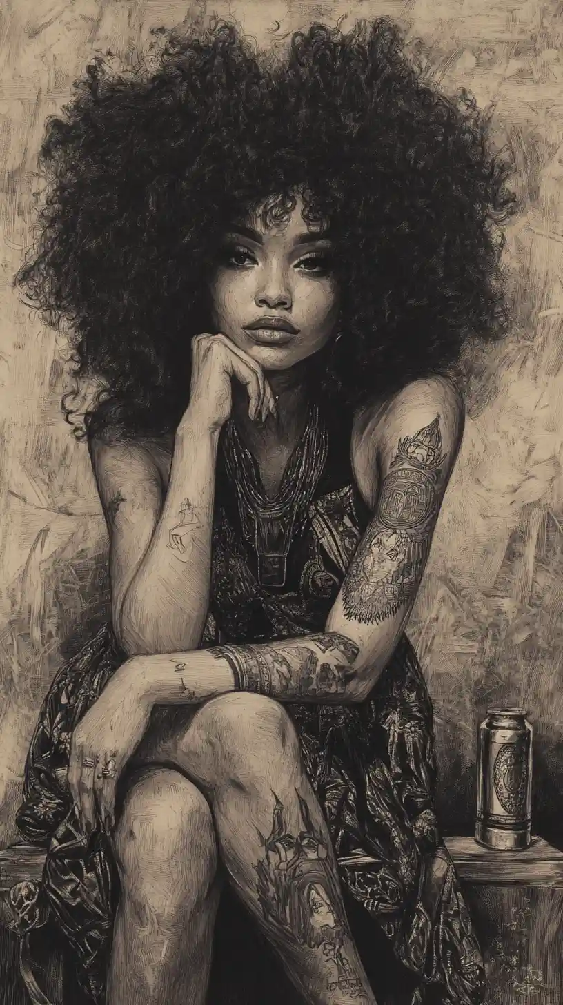 Charcoal caricature of a woman with an exaggerated curly afro