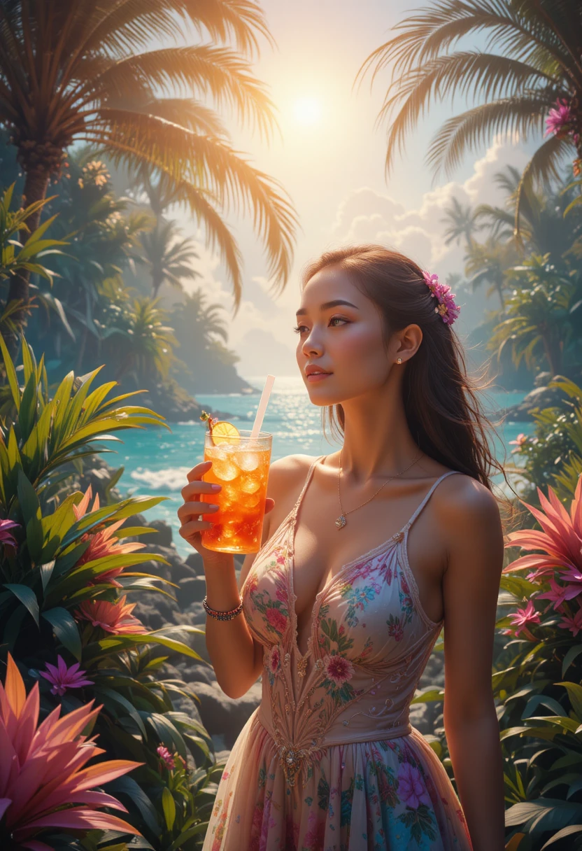 Woman enjoying a cool drink in tropical summer sunshine