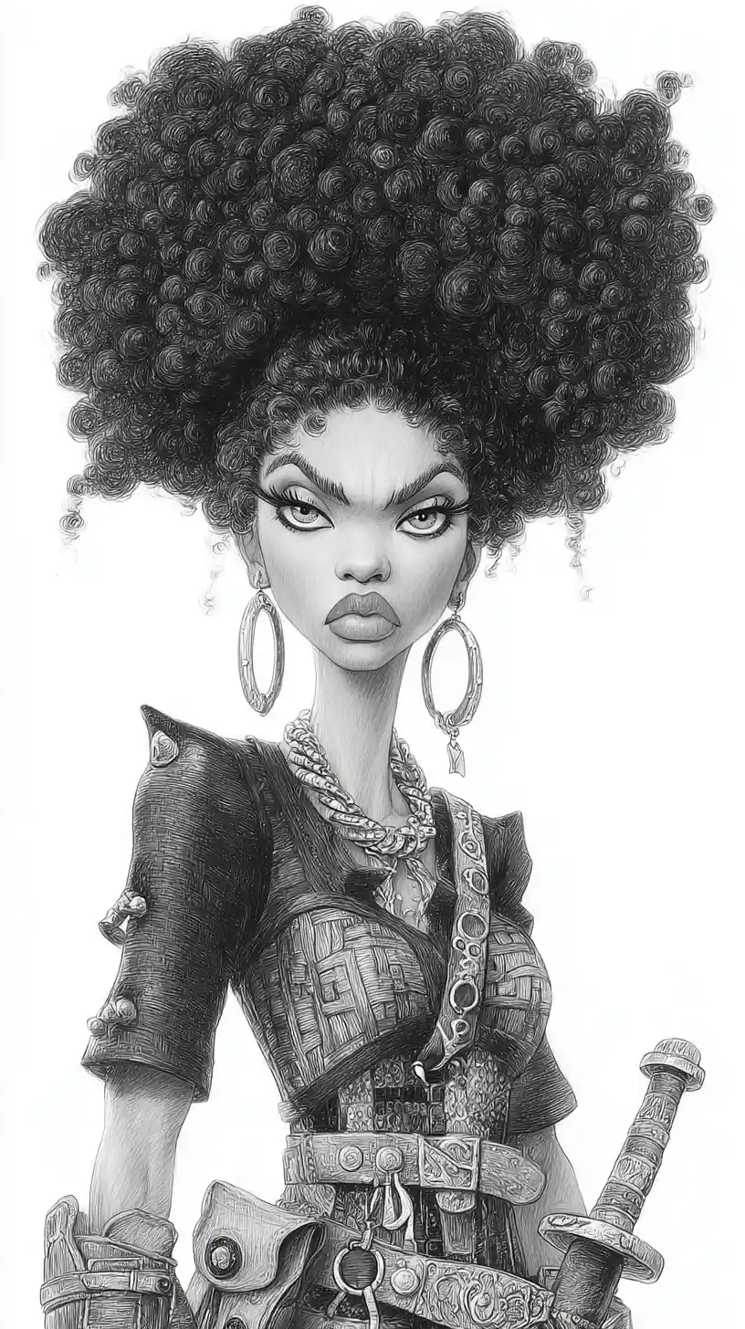 Charcoal portrait of woman with massive afro and long neck