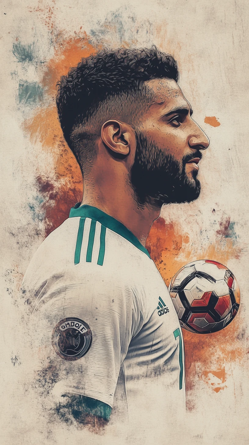 Colored pencil close up of Algerian soccer player balancing ball