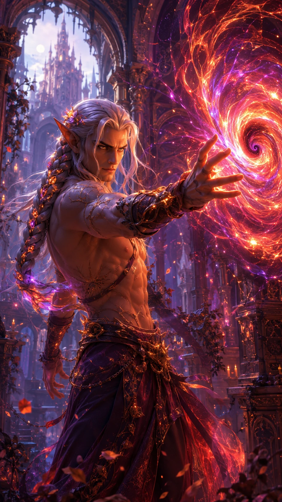 Elf witcher summoning a fiery magical vortex in castle