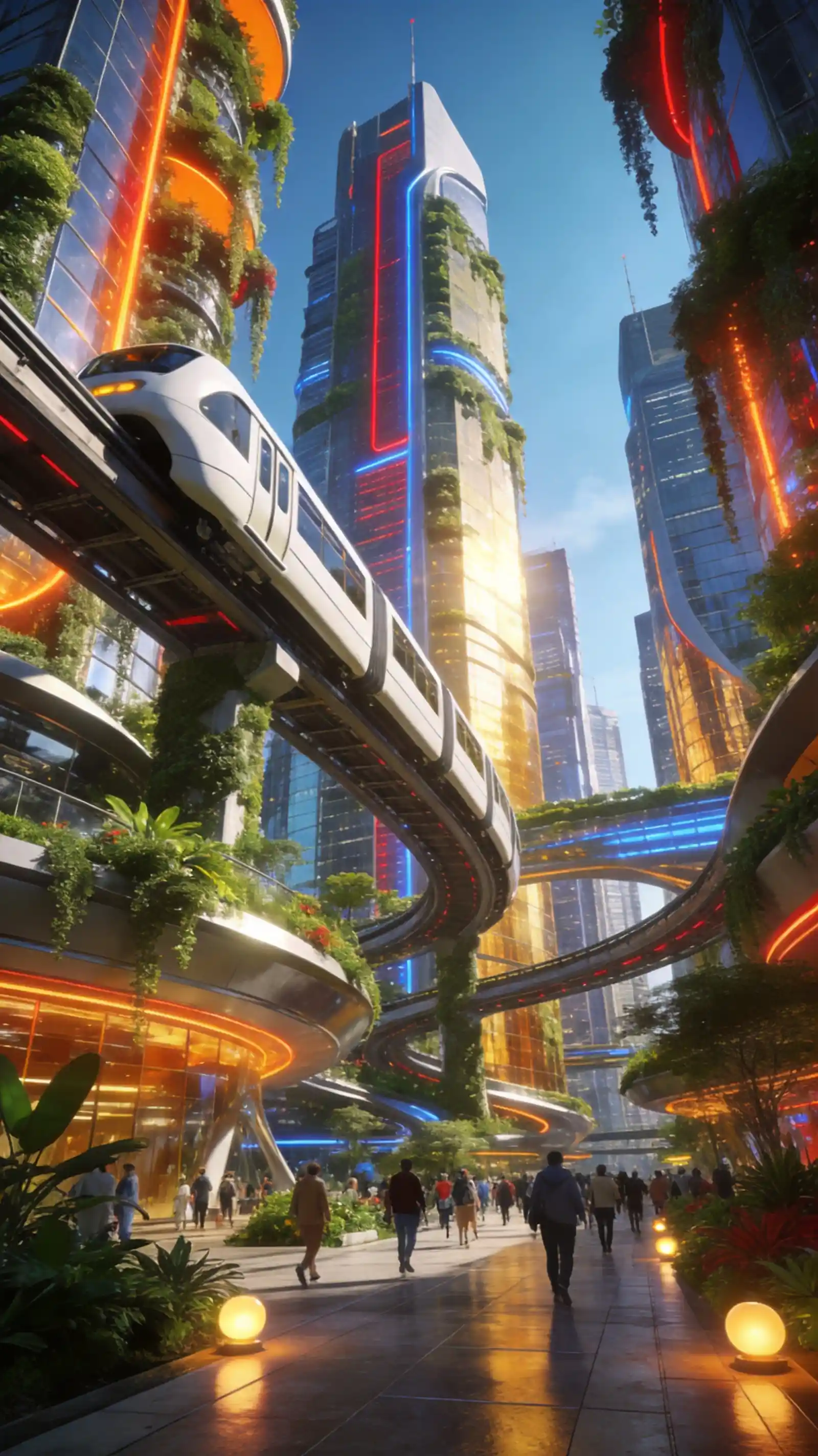 Solarpunk futuristic metropolis with lush vertical gardens