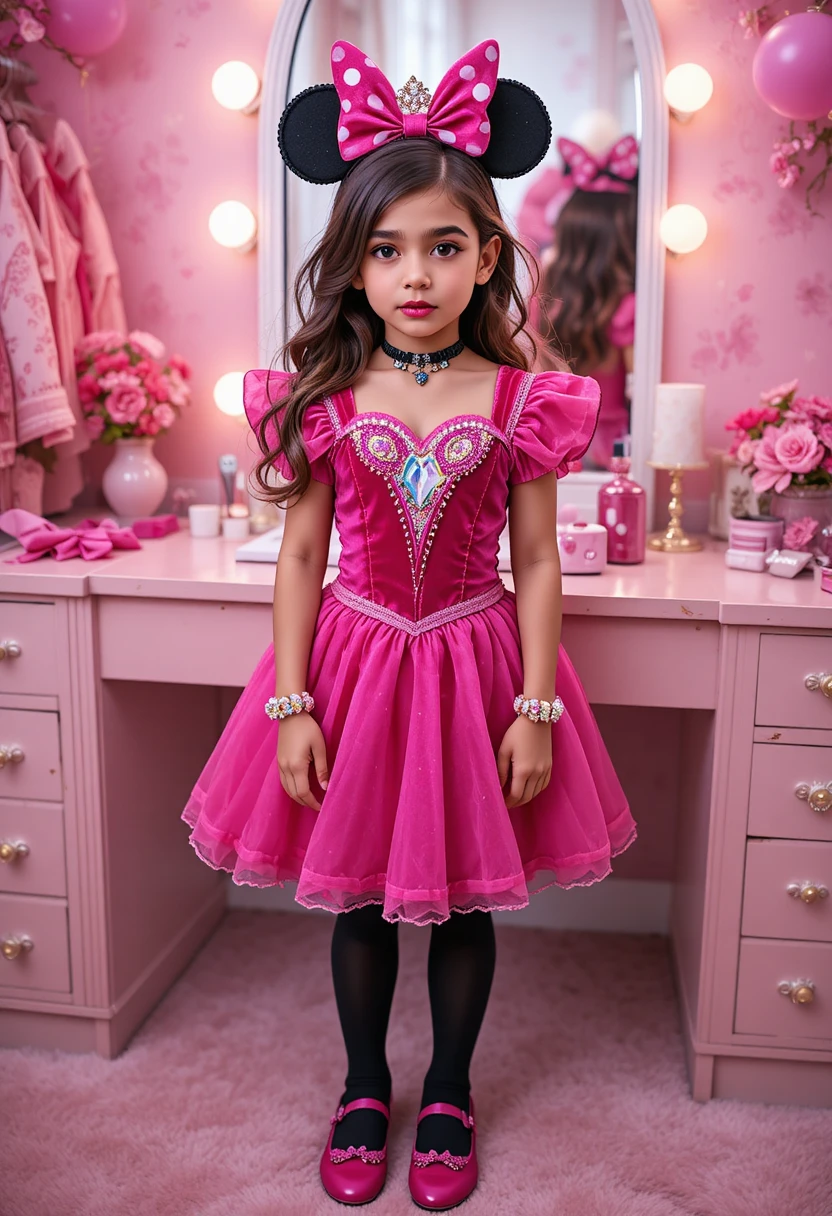 Tween boy in princess costume by pink vanity mirror