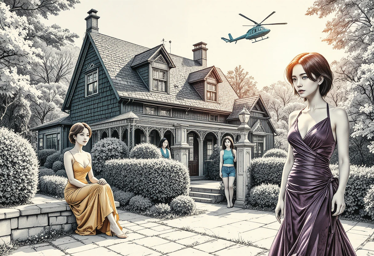 Woman in yellow dress outside a green shingled house