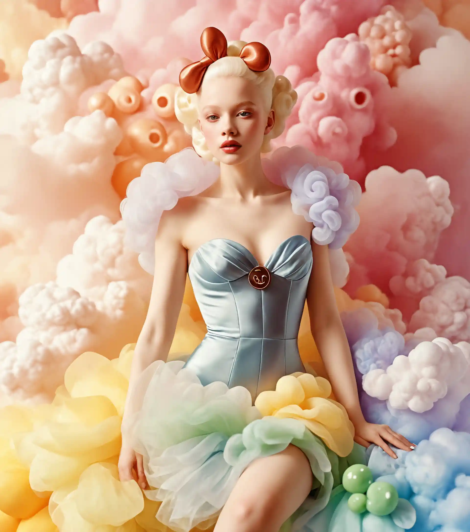 Ethereal albino diva in a pastel cloud dress