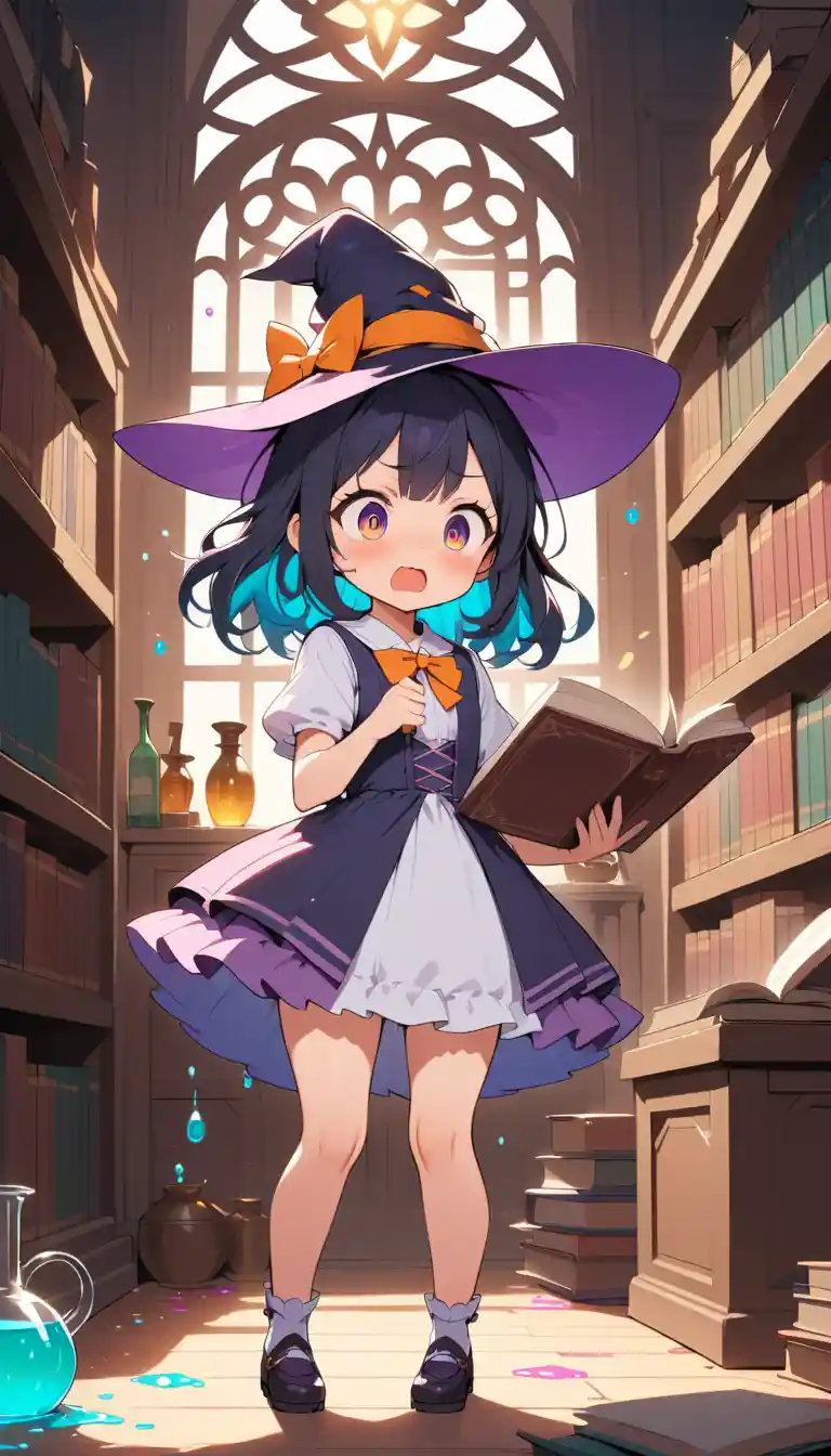 Dolce streghetta anime in una caotica biblioteca magica