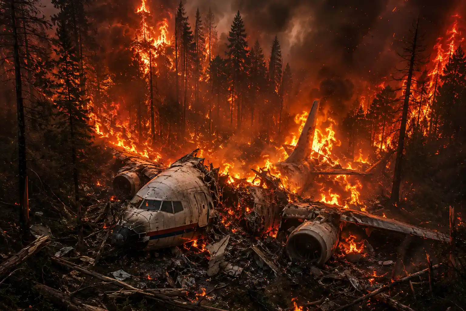 Airliner wreck burning in a devastated forest inferno