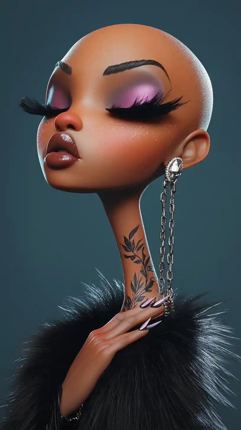 Glamorous Bald Black Woman In 3D Caricature Portrait