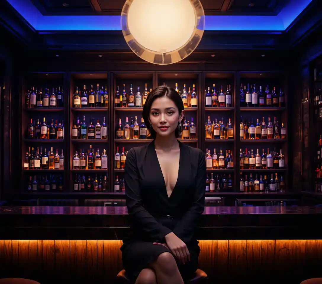 Elegant woman on bar counter in warm moody lighting